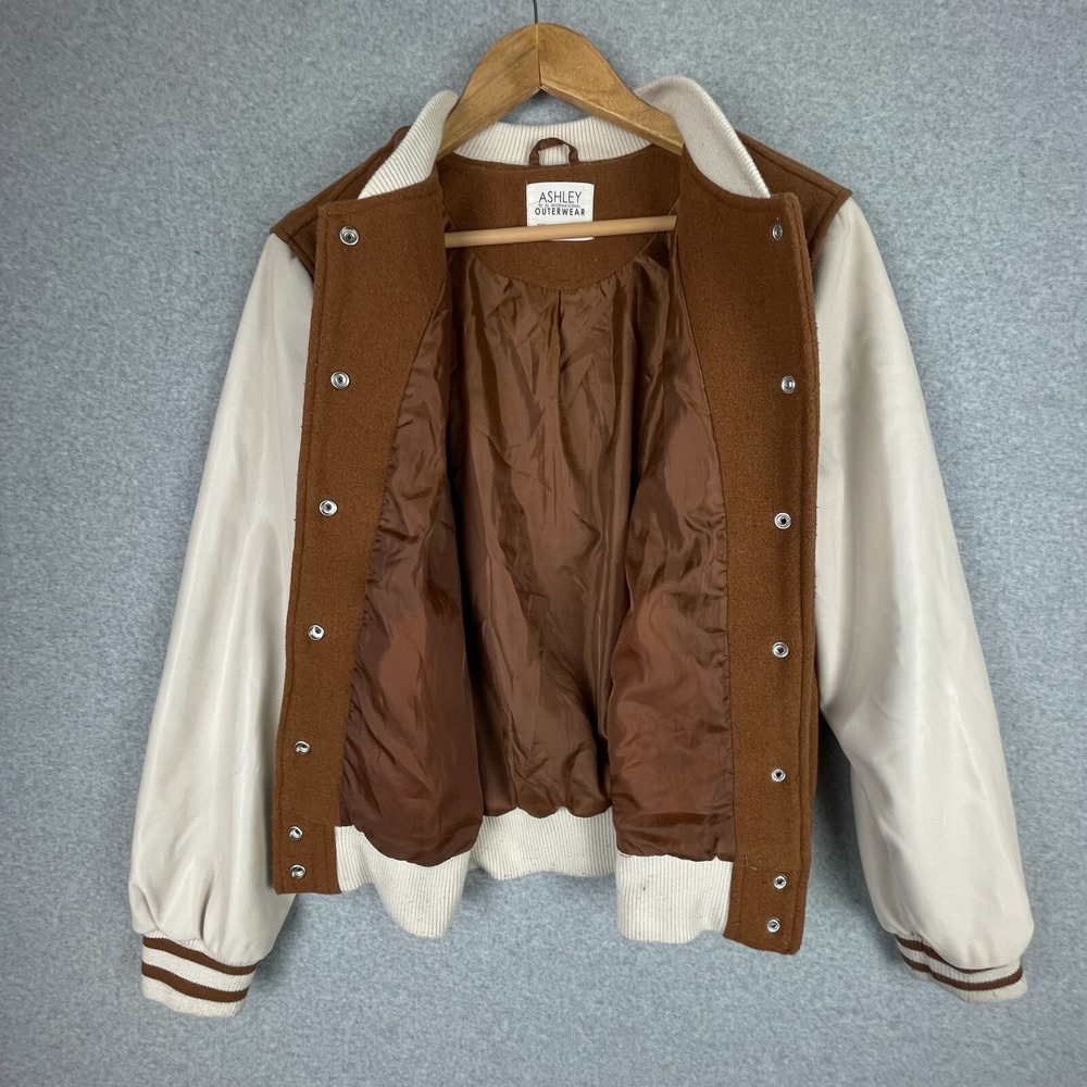 Mushroom Varsity Jacket Women Large Brown Butterfly Cottage Psychedelic Ashley - Picture 3 of 12